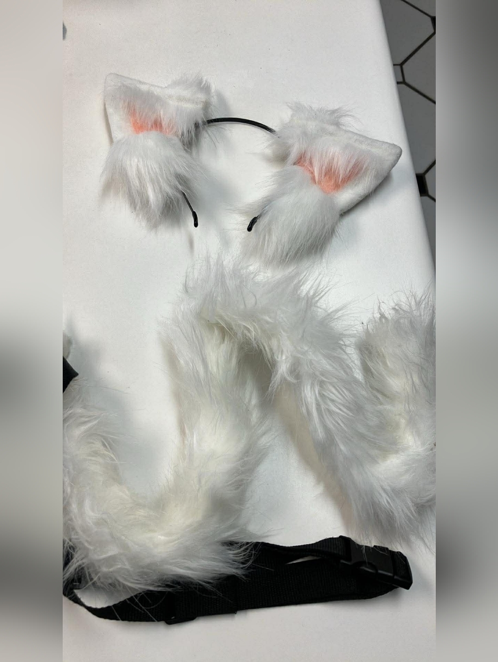 White Faux Fur Cat Ears And Tail Set Cosplay Harness Belt